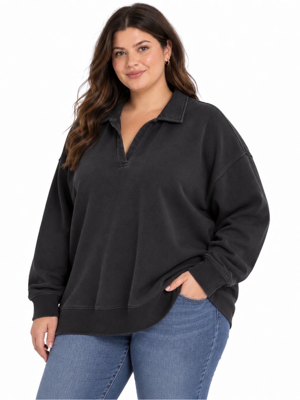 Ava & Viv Black V‑Neck Collared Pullover Sweater